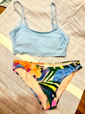 Xhilaration Sky Blue Tank Bikini Top with Multi-Color Floral Bottom - 2 piece